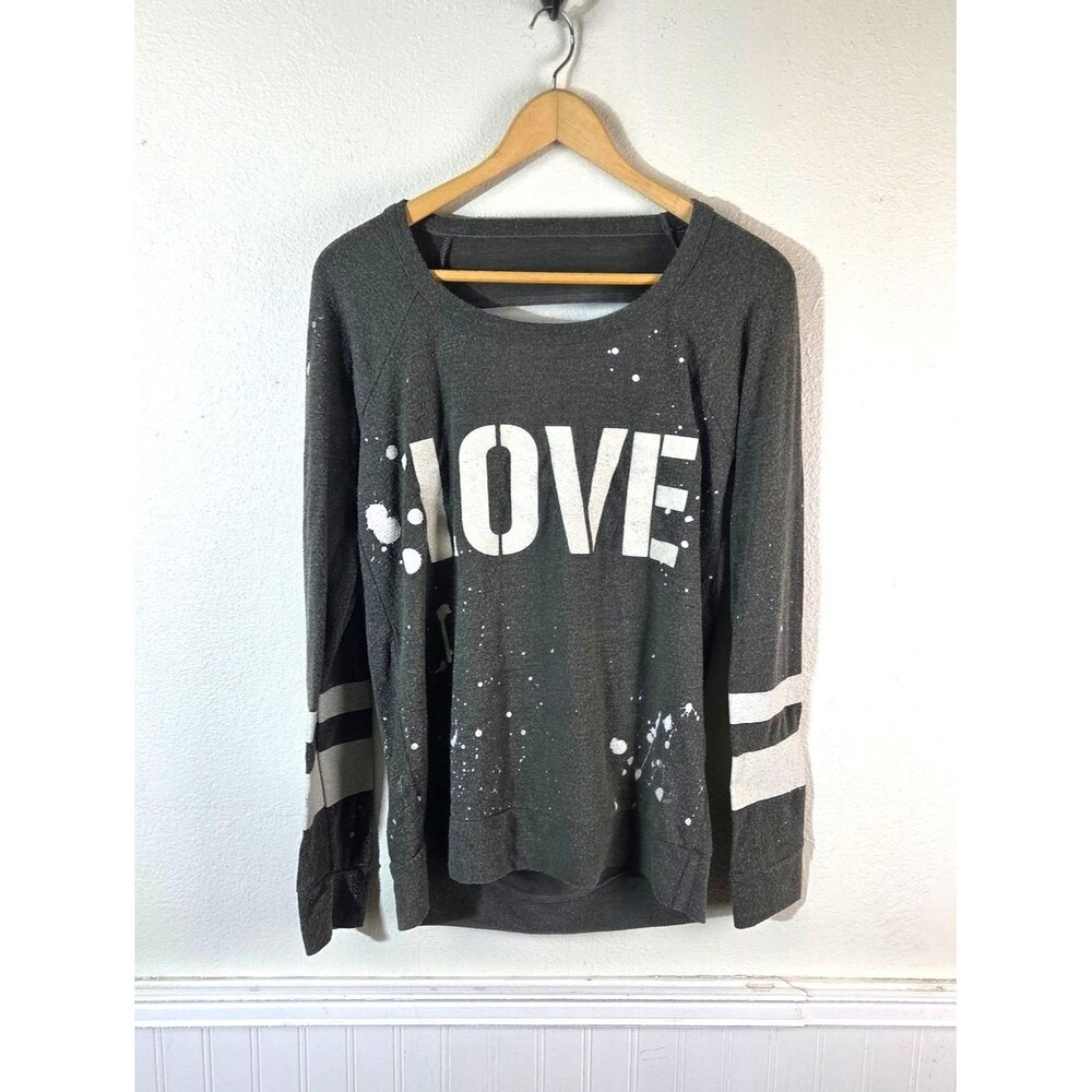 Chaser Love Graphic Sweatshirt Womens M Gray Open Back Paint Splatter Pullover